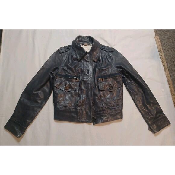 Coach Leather Military Style Jacket Blue Stitching Size 6